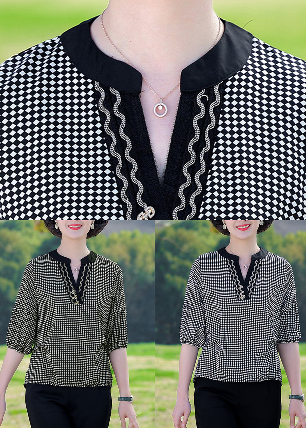 Coffee Plaid Patchwork Cotton T Shirt V Neck Summer