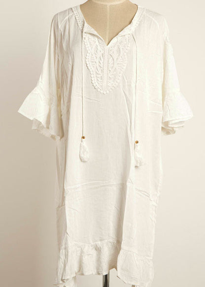 Loose White Patchwork Hollow Out Flare Sleeve Mini Dress Summer Cotton Dress