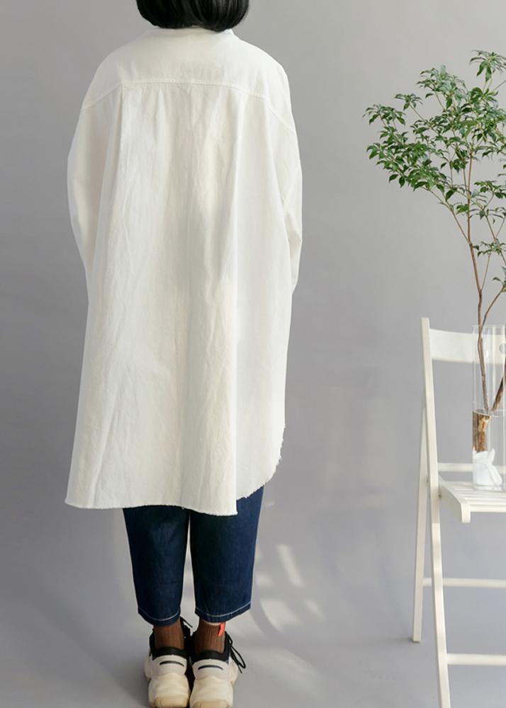 Natural White Cotton Clothes Big Pockets Shift Shirt Dress