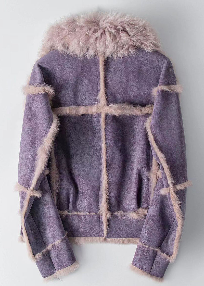 Dark Grey Rabbit Hair Collar Zippered Patchwork Leather and Fur Coat Winter