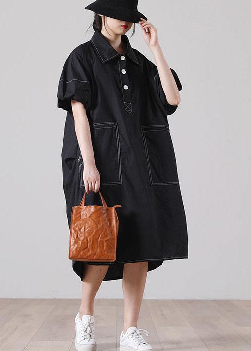 Simple Black Pockets Cotton Long Shirts Summer Dress
