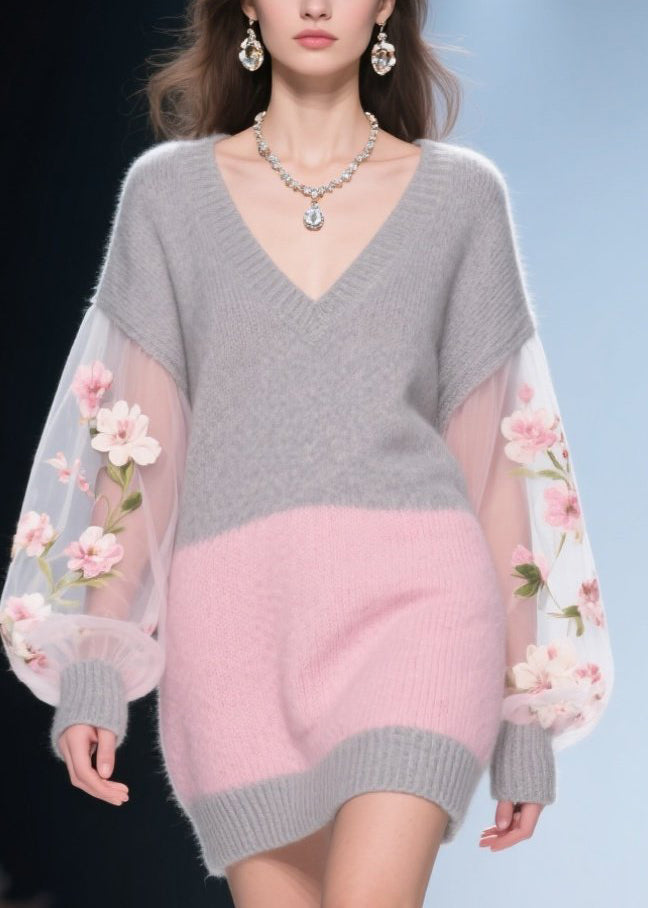 Colorblock Tulle Patchwork Knit Sweater Dress Fall