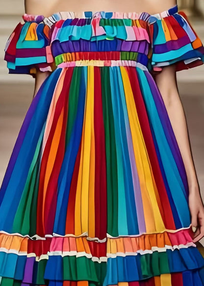 Rainbow Cold Shoulder Striped Chiffon Dress Summer