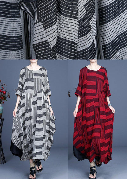 Stylish Grey Striped Patchwork Dress Summer Cotton Linen Dress