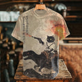 Men's Retro Calligraphy Cat Dinosaur Volcanic Eruption Print T-shirt elevenforest
