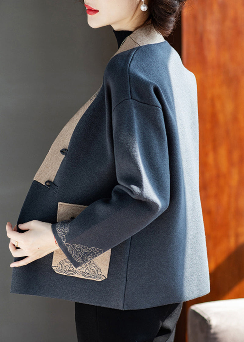 Charcoal Grey V Neck Print Pockets Woolen Coat Fall