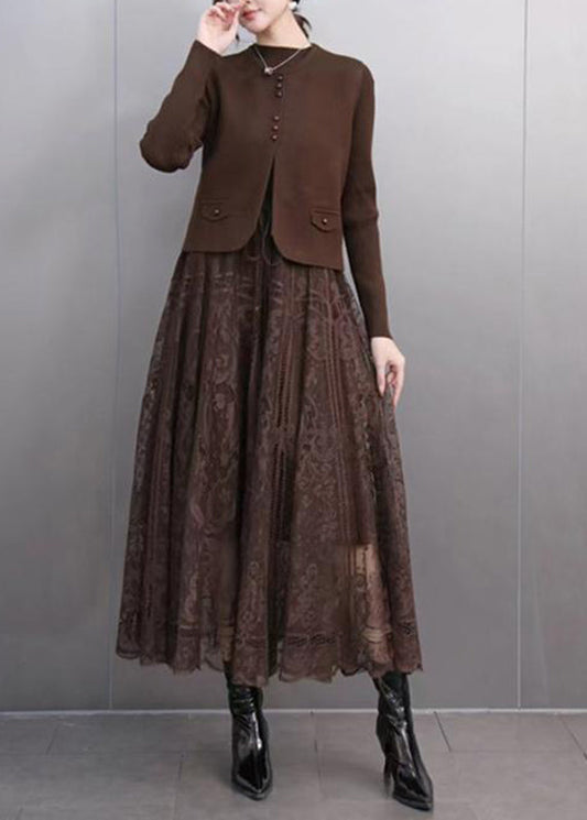 Coffee O-neck Waistcoat and Lace Maxi Skirts Two Pieces Set Spring