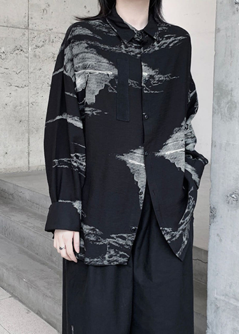 Black Peter Pan Collar Tie Dye Button Shirts Fall