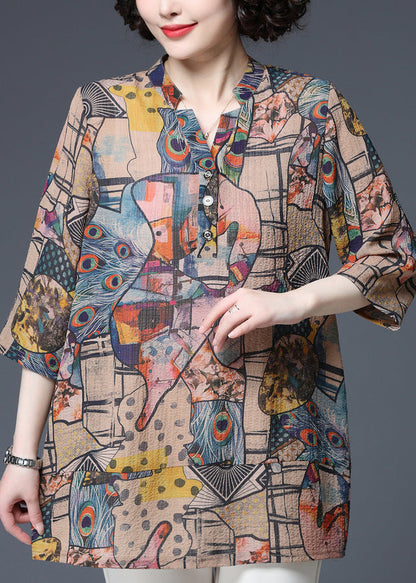 Modern V Neck Print Button Thin Shirt Top Three Quarter Sleeve