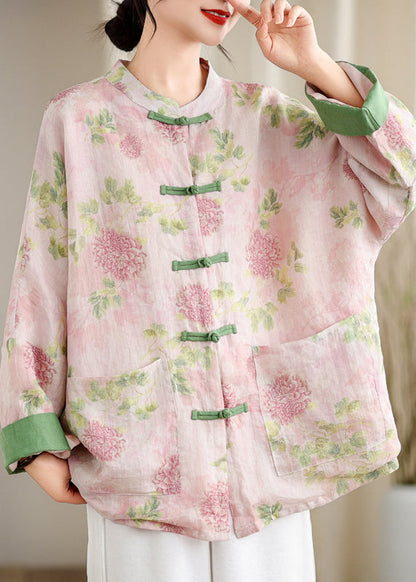 Pink Print Pockets Chinese Button Linen Blouse Top Spring