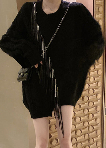 Black O-neck Zircon Tassel Cotton Knit Sweaters Tops Long Sleeve