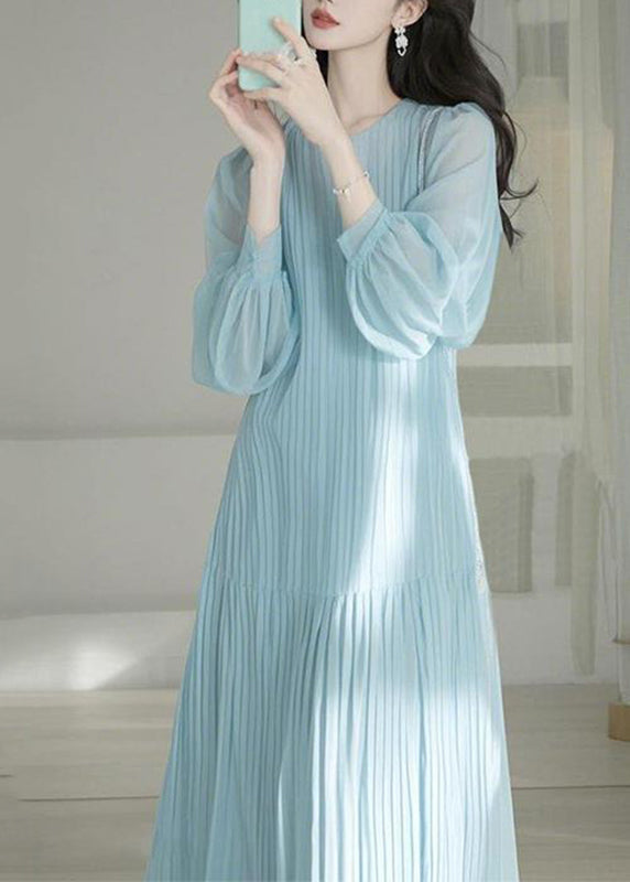 Light Blue O-neck Cinched Maxi Dresses Spring