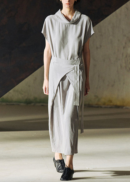 Grey Turtle Neck Lace Up Patchwork Cotton Long Dress Summer