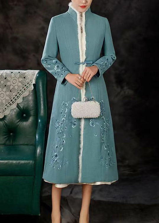 Blue Fur Collar Button Patchwork Cotton Long Coats Winter