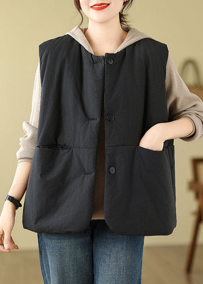 Black Pockets Patchwork Button Hooded Jacket Waistcoat Winter