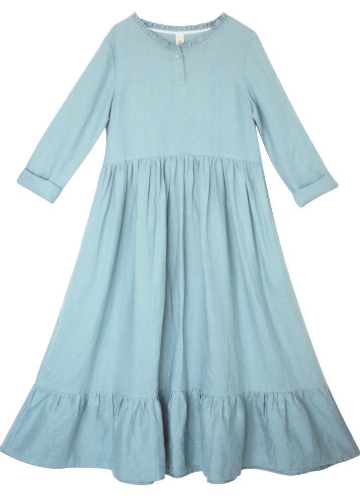 Modern Light Blue Tunic Dress O Neck Ruffles Long Spring Dresses