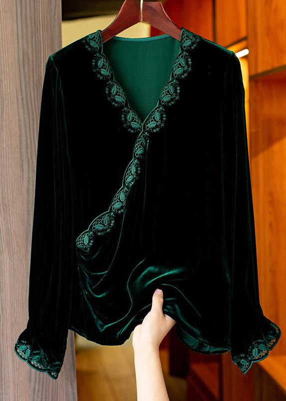 Black V Neck Embroideried Silk Velour Top Long Sleeve