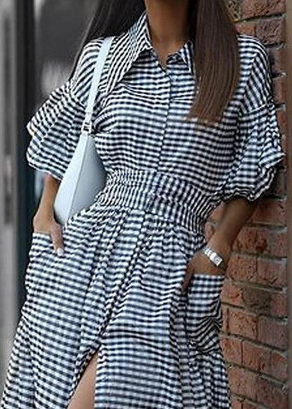 Grey Plaid Tie Waist Long Dresses Summer