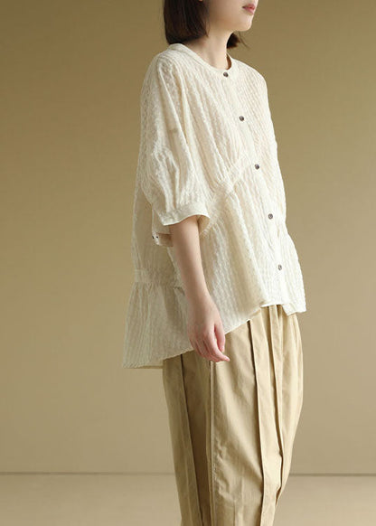 Beige O-neck Oversized Wrinkled Shirt Top Bracelet Sleeve