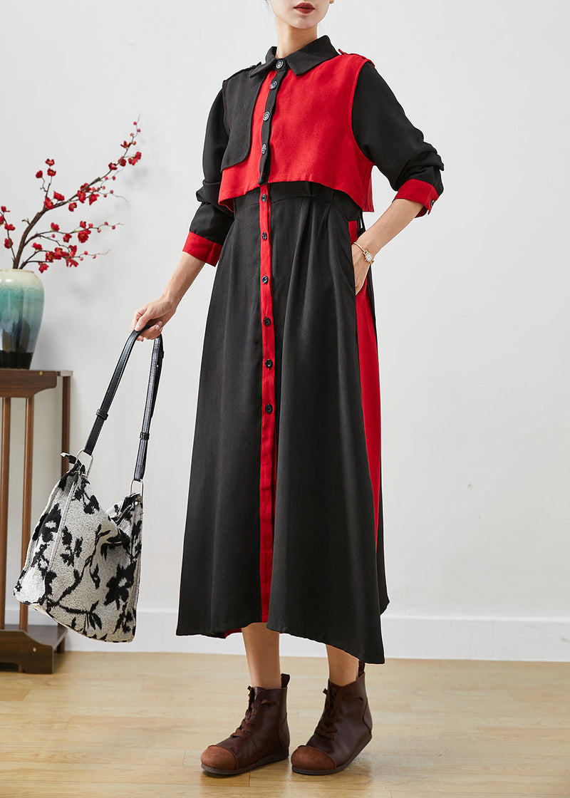 Red Patchwork Cotton Dress and Vest Two Pieces Set Tie Waist Fall