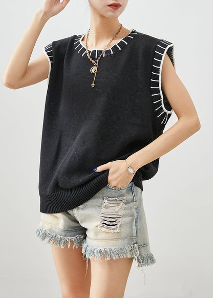 Black O-neck Striped Knit Vests Fall