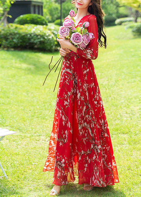 Fine Red Print Slim Chiffon Vacation Long Dresses Long Sleeve Fall