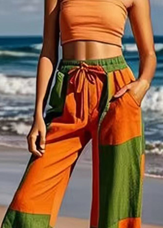 Colorblock Tie Waist Wide Leg Pants Summer