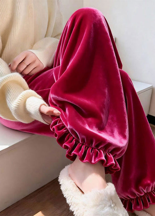 Rose Ruffled Silk Velvet Pants Winter