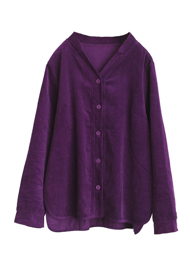 Purple V Neck Color Button Corduroy Shirt Tops Long Sleeve