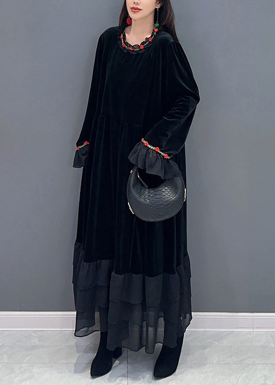 Black Tulle Patchwork Silk Velour Long Dresses Spring