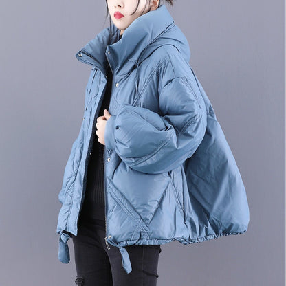 Black Hooded Loose Zippered Warm Winter Duck Down Jacket
