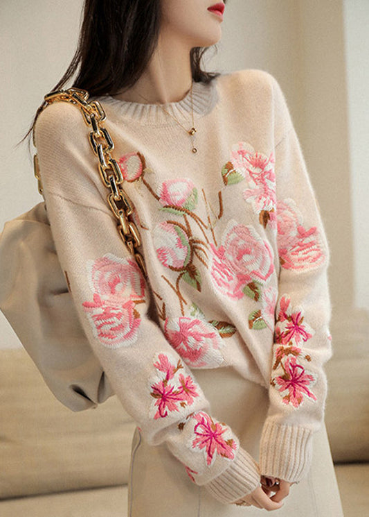 Apricot O-neck Embroideried Patchwork Woolen Top Fall