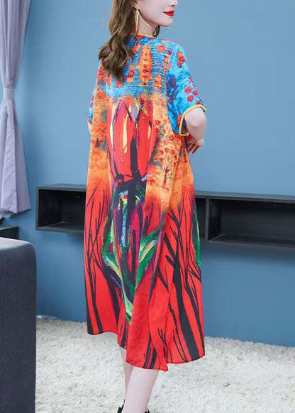 Colorblock O Neck Print Patchwork Chiffon Dresses Summer
