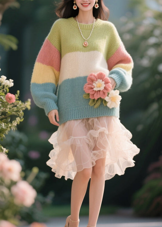 Original Design Colorblock O Neck Knit Pullover Fall