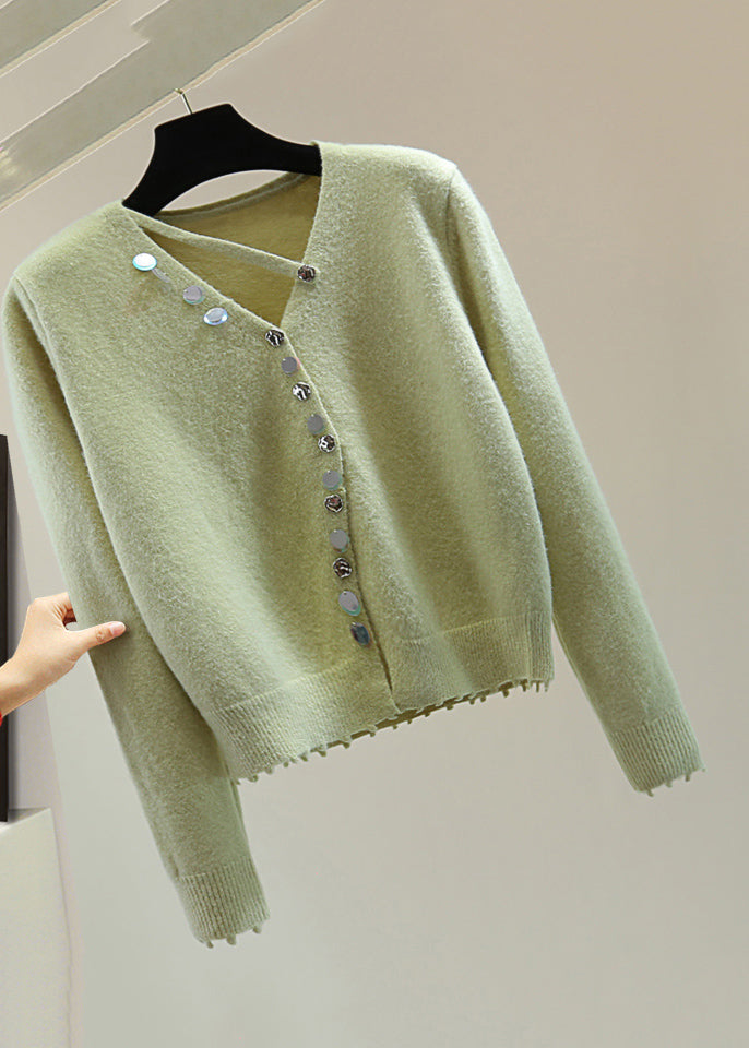 Mulberry V Neck Asymmetrical Sequins Cotton Knit Sweaters Spring