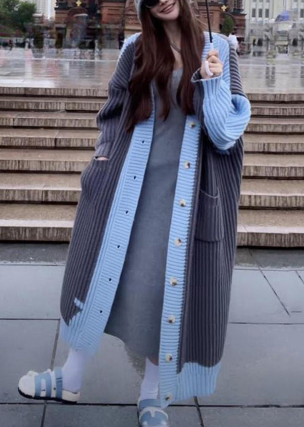 Grey Blue V Neck Pockets Button Knit Loose Cardigan Fall