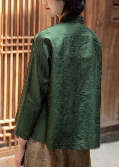 Chinese Style Green Stand Collar Button Tops Long Sleeve