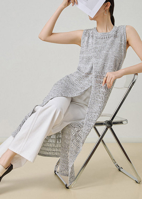 Grey O-neck Hollow Out Long Knit Cardigans Sleeveless