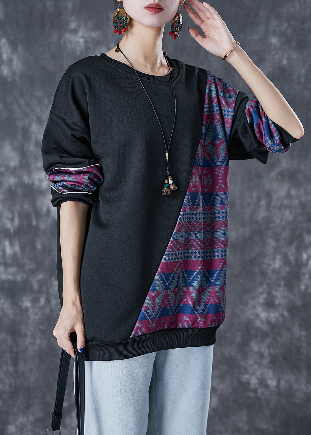 Stylish Black Oversized Patchwork Cotton Sweatshirt Fall