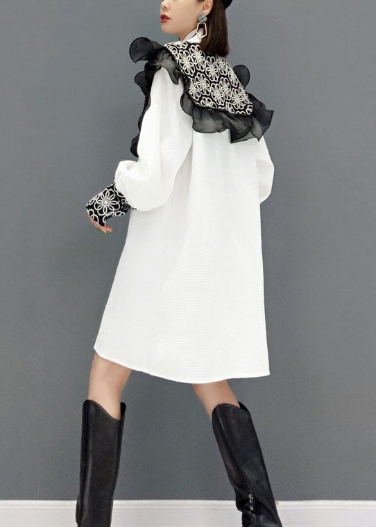 White Button Peter Pan Collar Lace Patchwork Shirt Dresses Spring