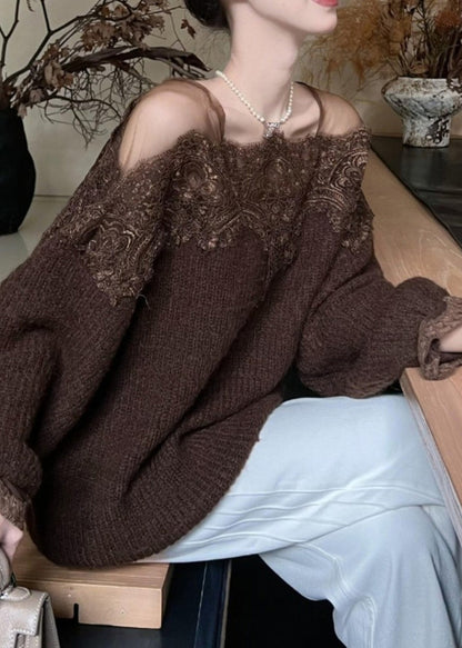 Diy Brown Oversized Lace Patchwork Knit Pullover Spring