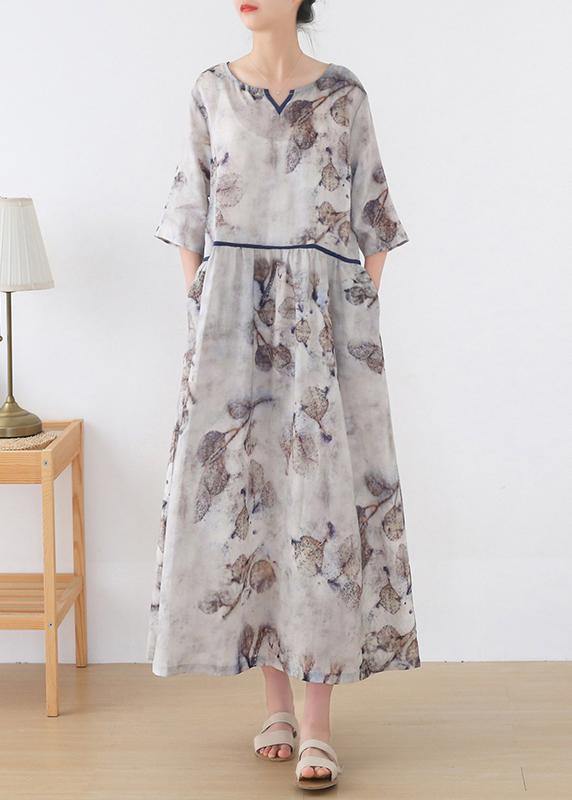 Blue Print V Neck Summer Ramie Vacation Dresses