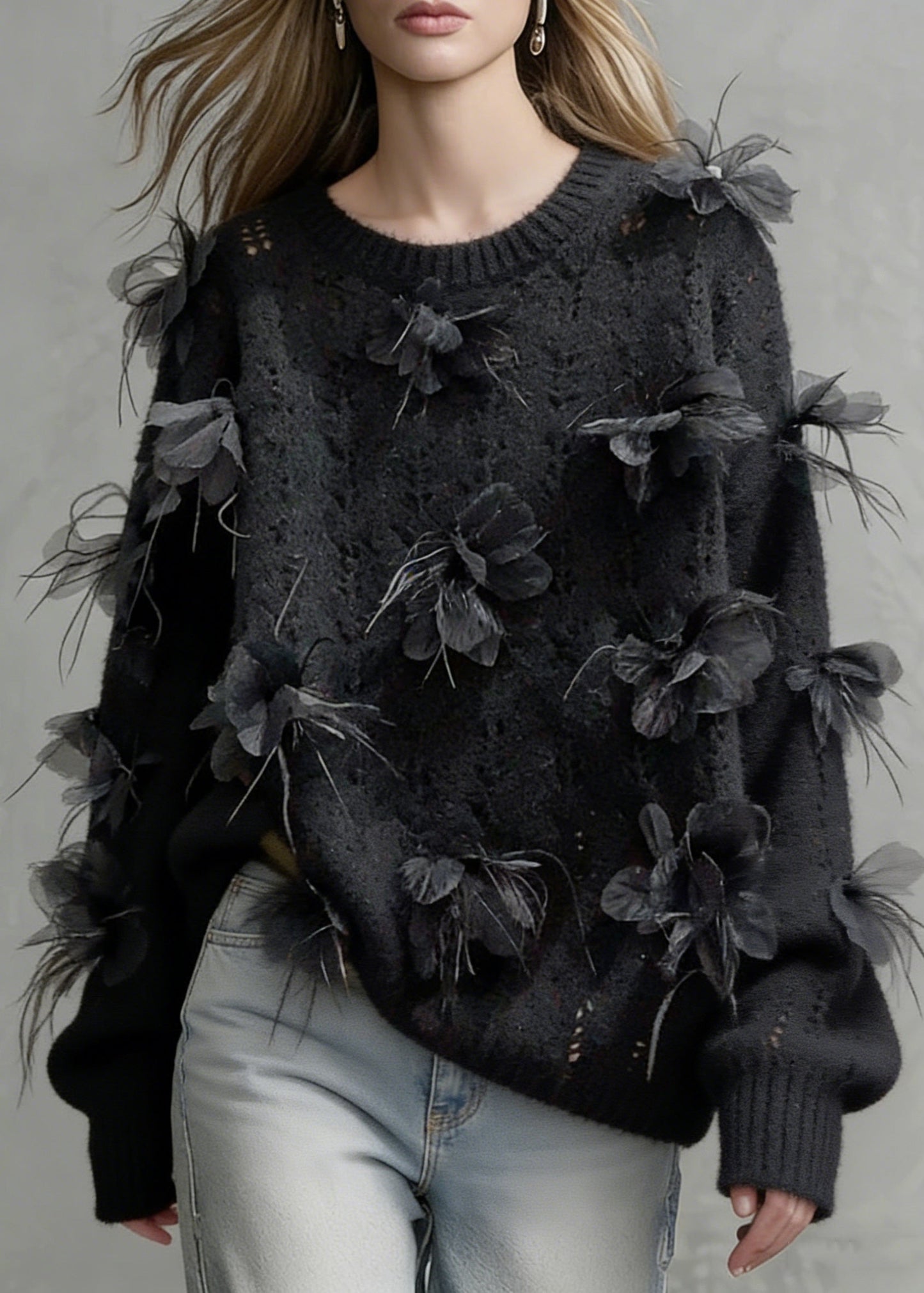 Black O-neck Hollow Out Knit Sweaters