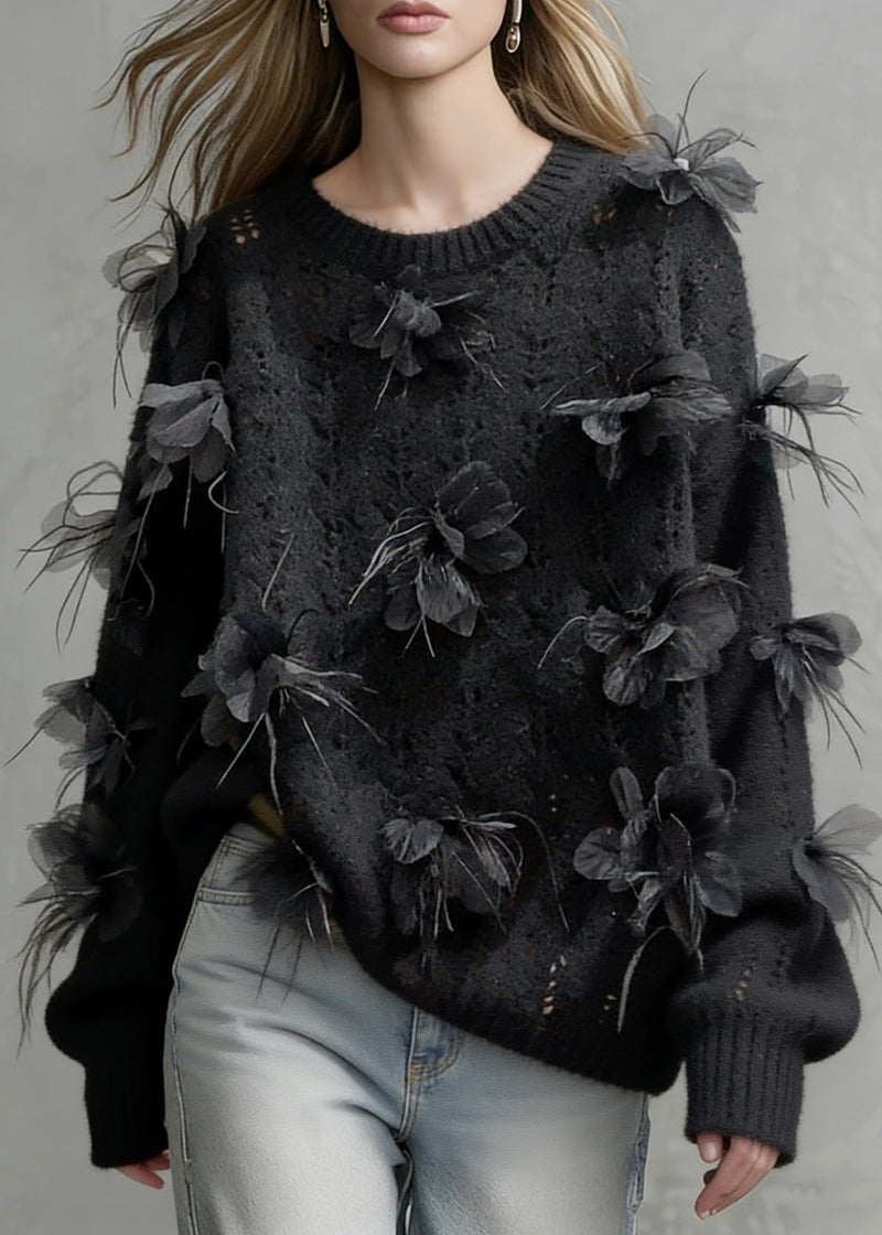 Black O-neck Hollow Out Knit Sweaters
