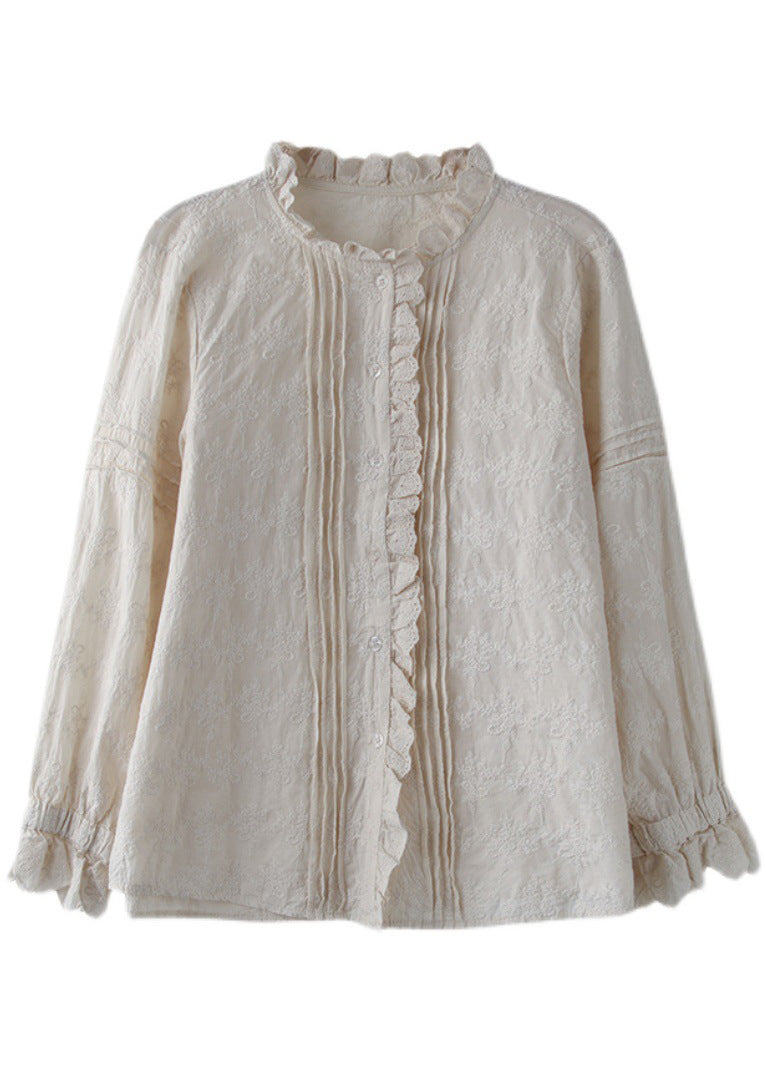 Stylish Apricot Ruffled Button Cotton Blouse Tops Long Sleeve Spring