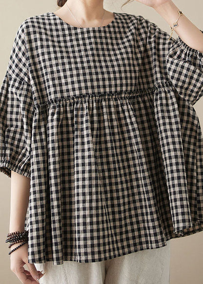 Plaid O Neck Wrinkled Patchwork Cotton Top Lantern Sleeve