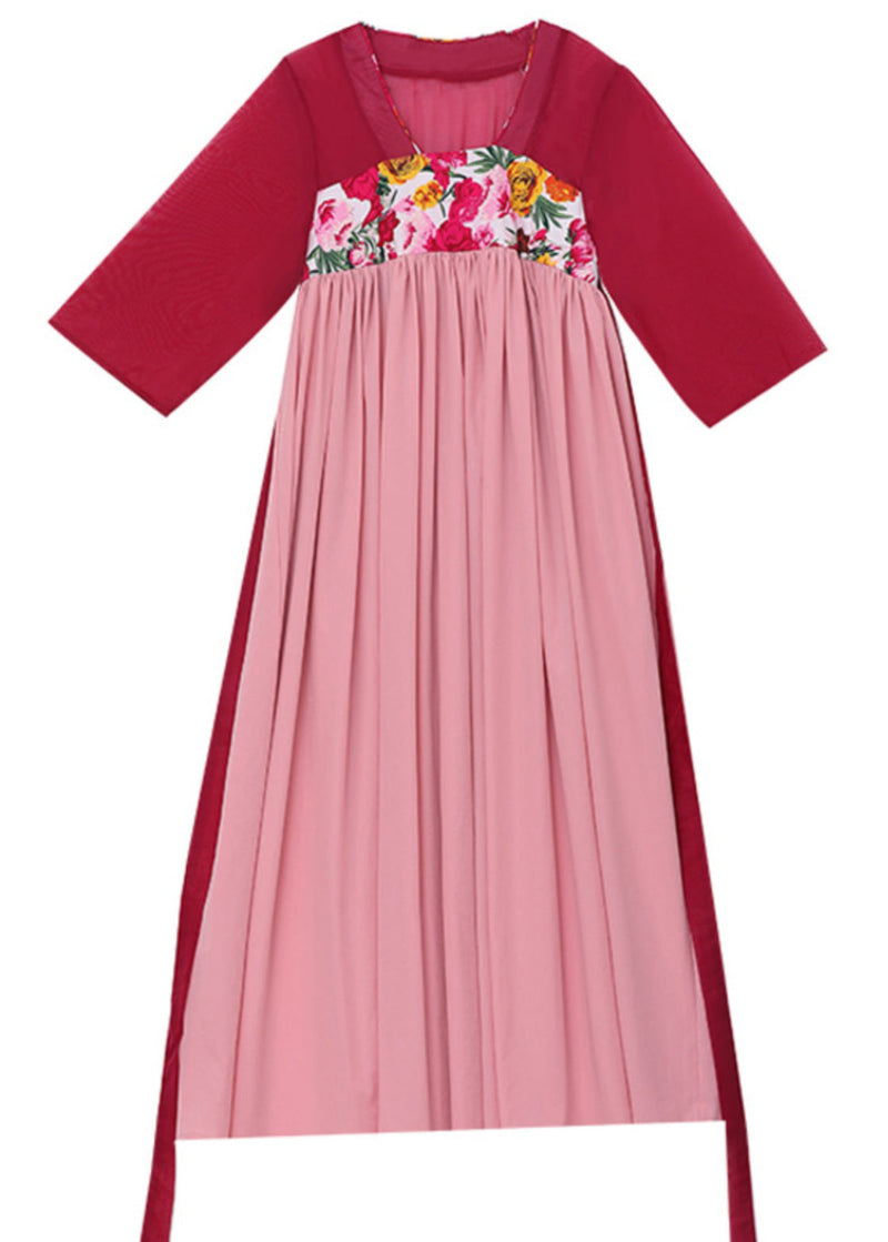 Red Embroideried Lace Up Wrinkled Patchwork Chiffon Long Dresses Summer