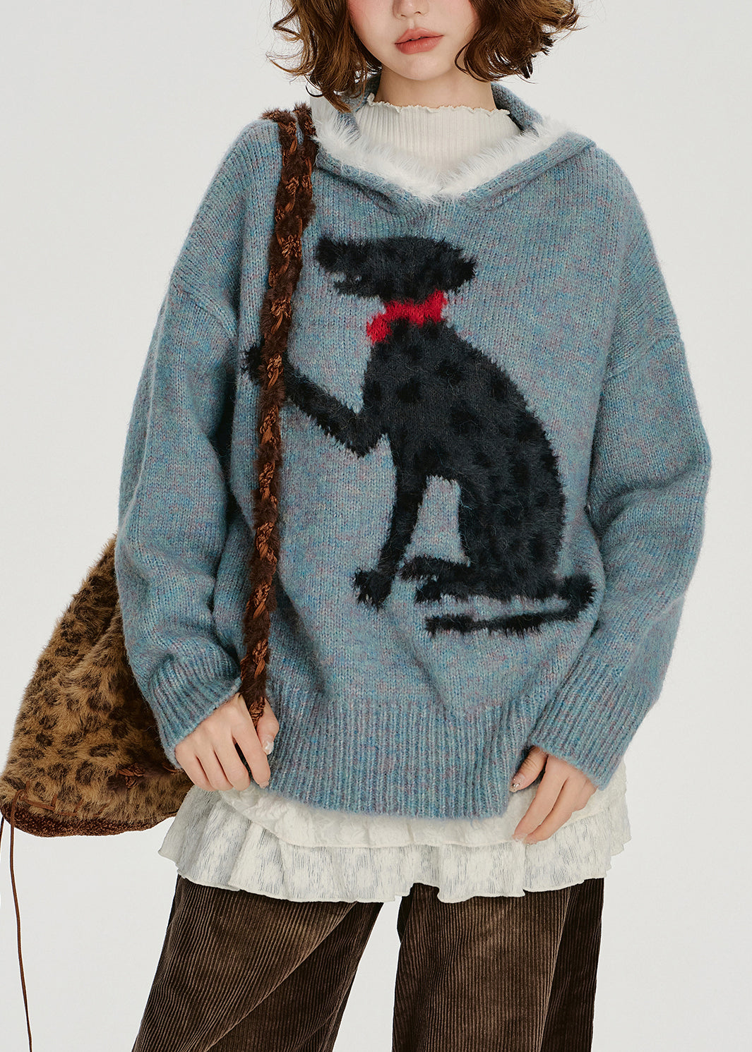 Blue Jacquard Patchwork Knit Hooded Sweater Spring