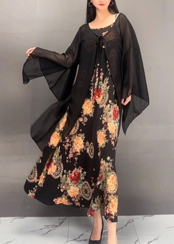 French Black Print Cardigans and Maxi Dress Two Pieces Set Fall