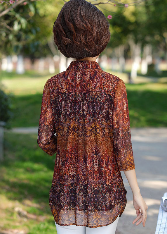 Brown Peter Pan Collar Print Button Silk Shirt Top Bracelet Sleeve